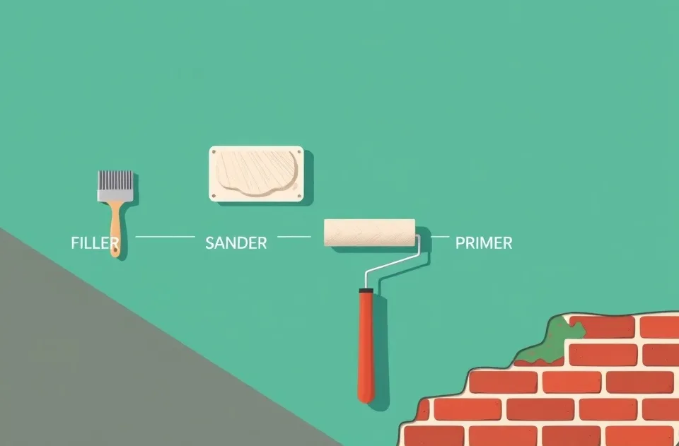 Outils de peinture disposés dans l'ordre des étapes du chantier