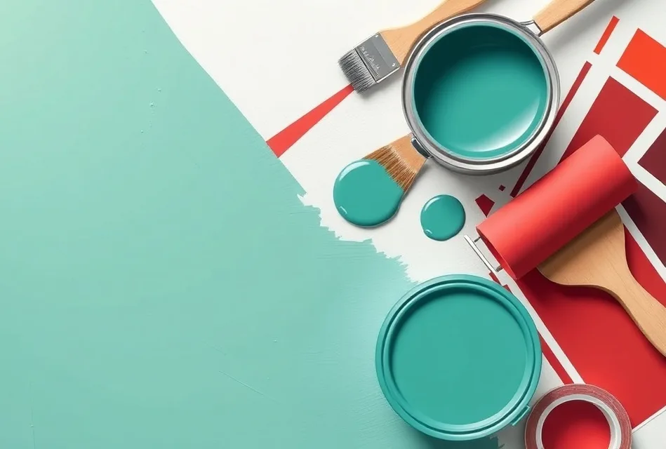 Pots de peinture, nuancier, brosses et rouleaux disposés à plat