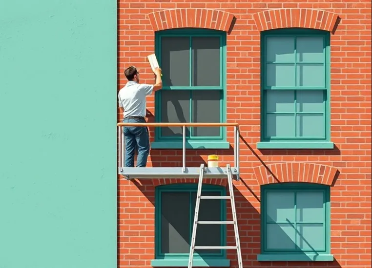 Peintre sur échafaudage traitant la façade d'une maison