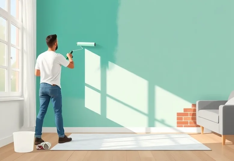 Peintre appliquant la peinture au rouleau sur un mur de salon